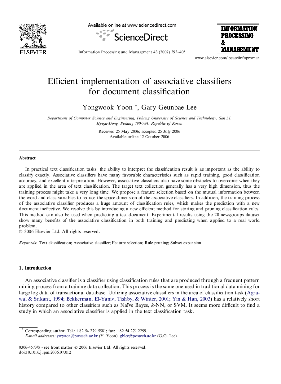 Efficient implementation of associative classifiers for document classification