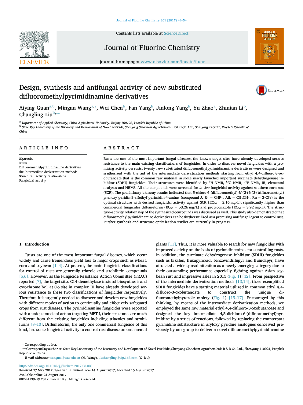 Design, synthesis and antifungal activity of new substituted difluoromethylpyrimidinamine derivatives