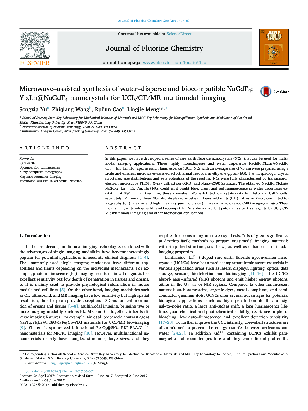 Microwave-assisted synthesis of water-disperse and biocompatible NaGdF4: Yb,Ln@NaGdF4 nanocrystals for UCL/CT/MR multimodal imaging