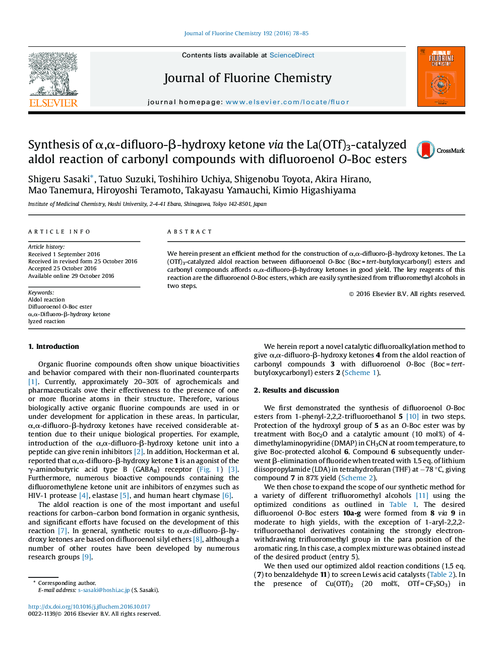 Synthesis of Î±,Î±-difluoro-Î²-hydroxy ketone via the La(OTf)3-catalyzed aldol reaction of carbonyl compounds with difluoroenol O-Boc esters