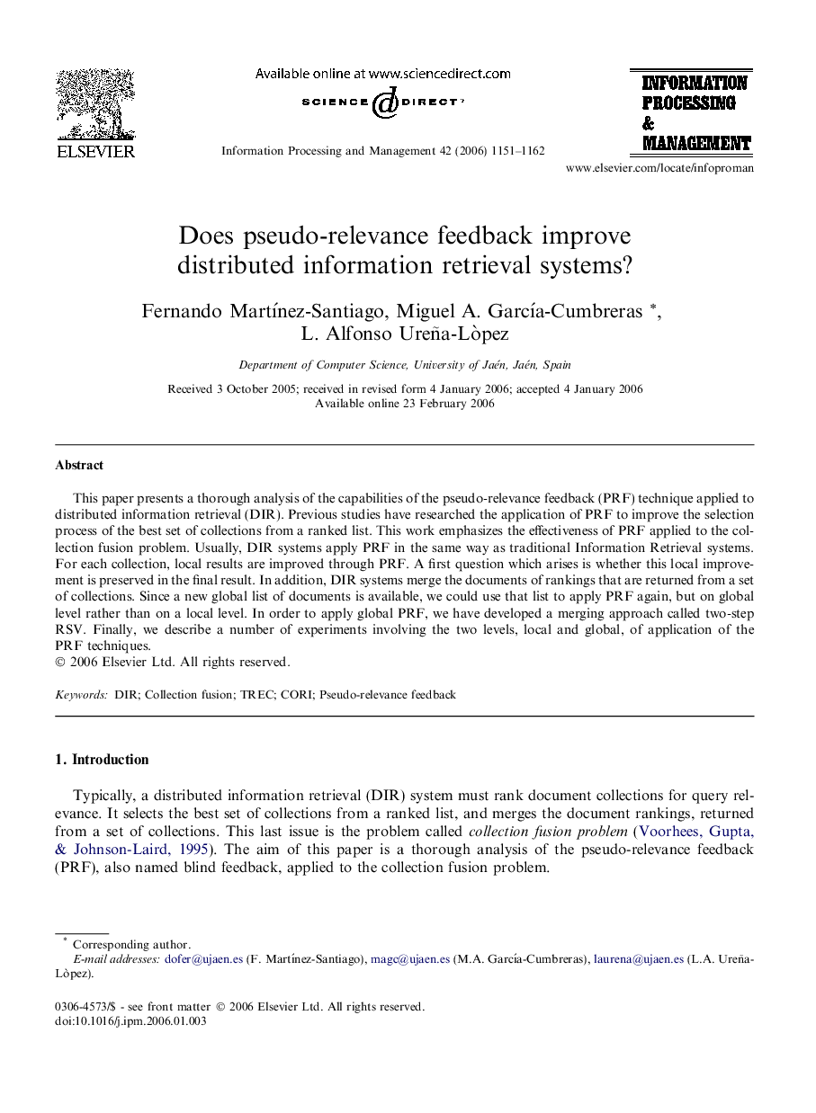 عکس صفحه اول مقاله: Does pseudo-relevance feedback improve distributed information retrieval systems? Does pseudo-relevance feedback improve distributed information retrieval systems?