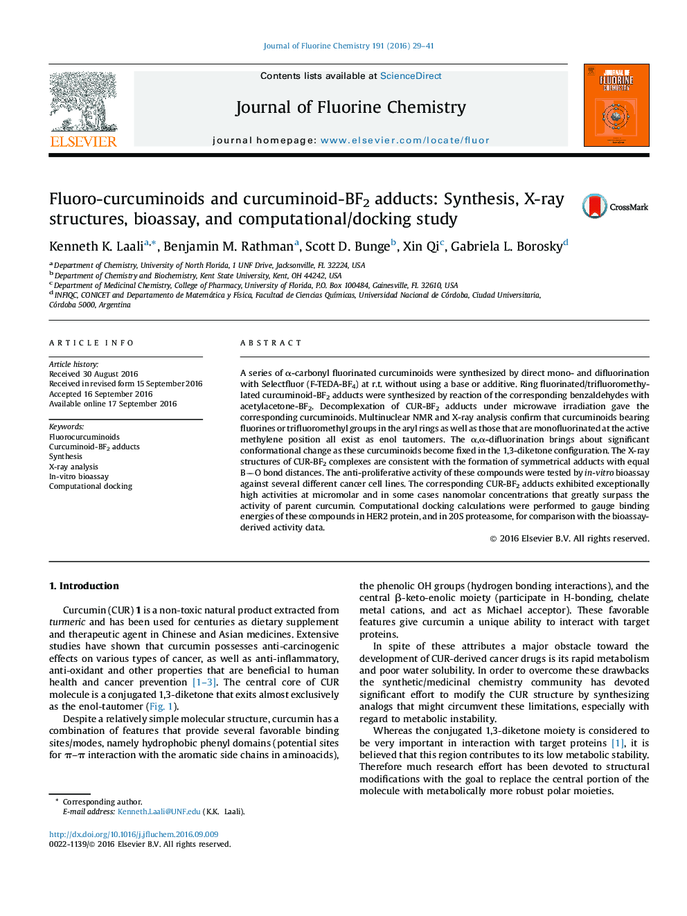 Fluoro-curcuminoids and curcuminoid-BF2 adducts: Synthesis, X-ray structures, bioassay, and computational/docking study