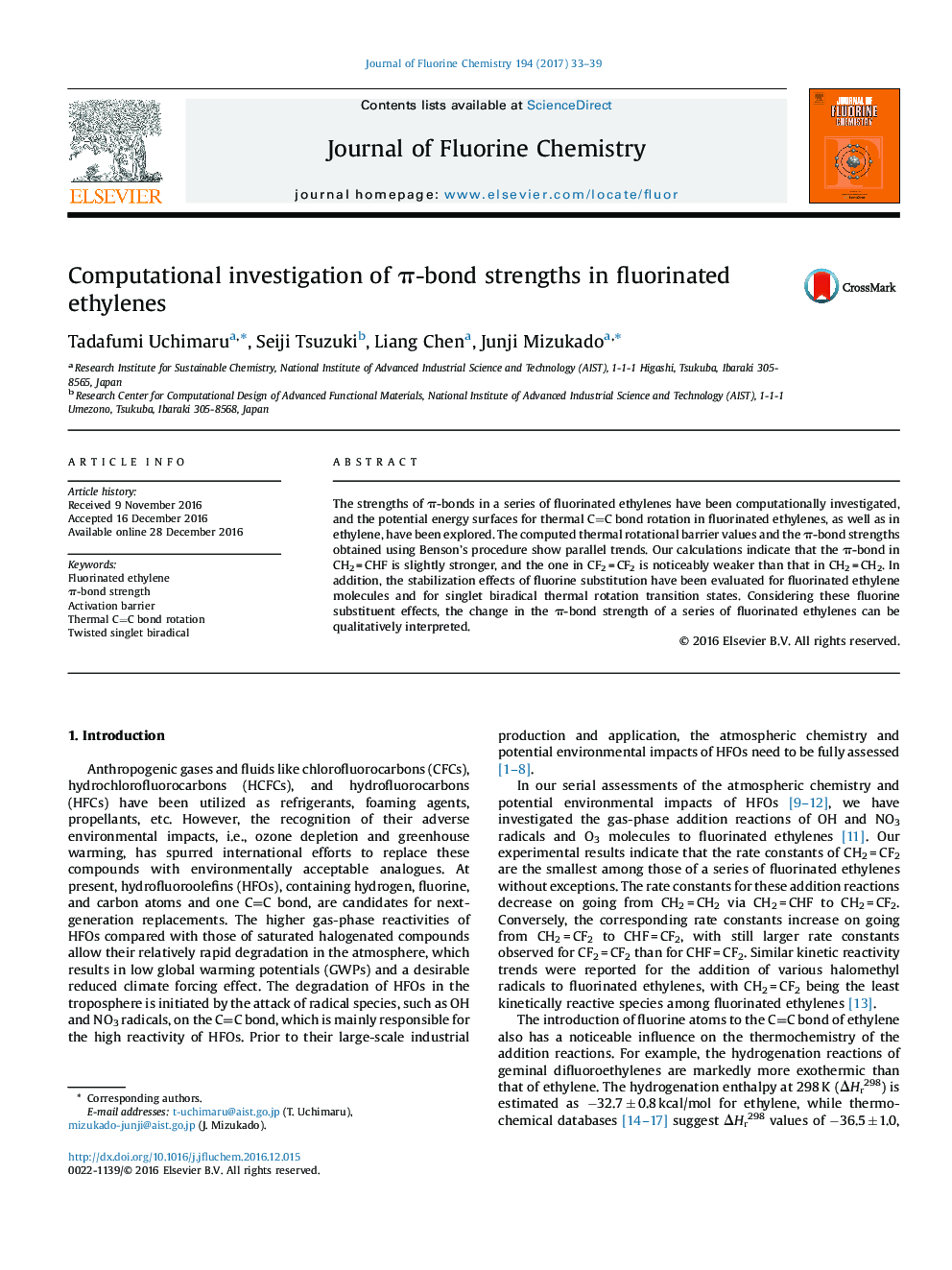 Computational investigation of Ï-bond strengths in fluorinated ethylenes