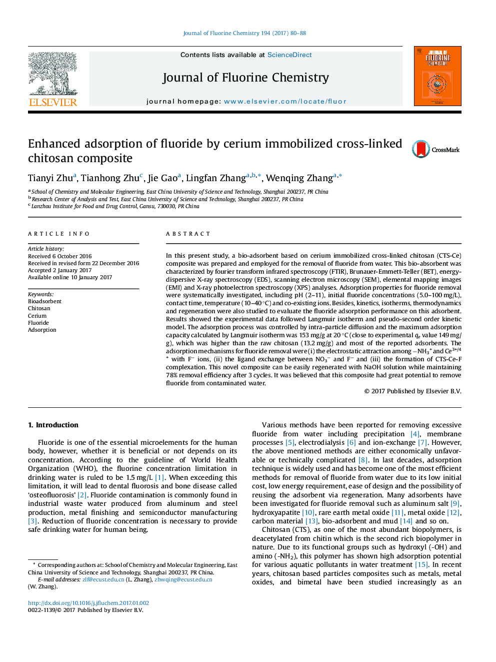 Enhanced adsorption of fluoride by cerium immobilized cross-linked chitosan composite