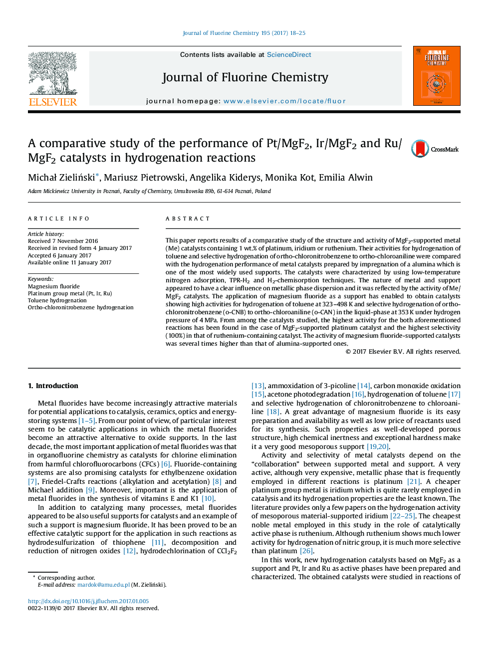 A comparative study of the performance of Pt/MgF2, Ir/MgF2 and Ru/MgF2 catalysts in hydrogenation reactions