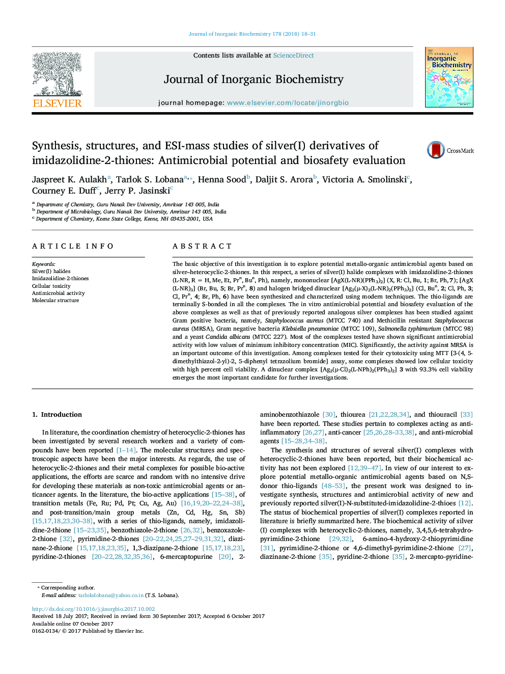 Synthesis, structures, and ESI-mass studies of silver(I) derivatives of imidazolidine-2-thiones: Antimicrobial potential and biosafety evaluation