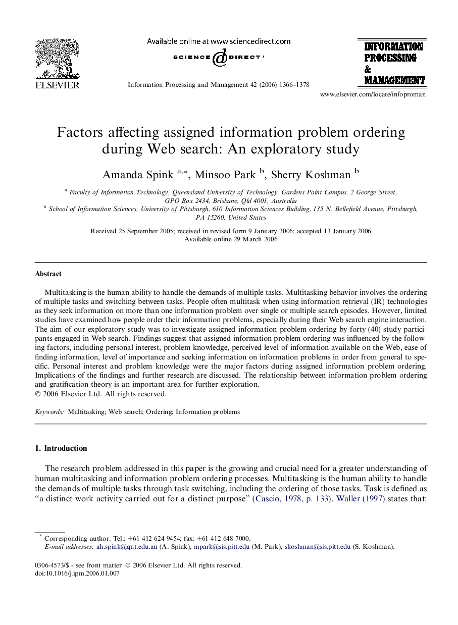 Factors affecting assigned information problem ordering during Web search: An exploratory study