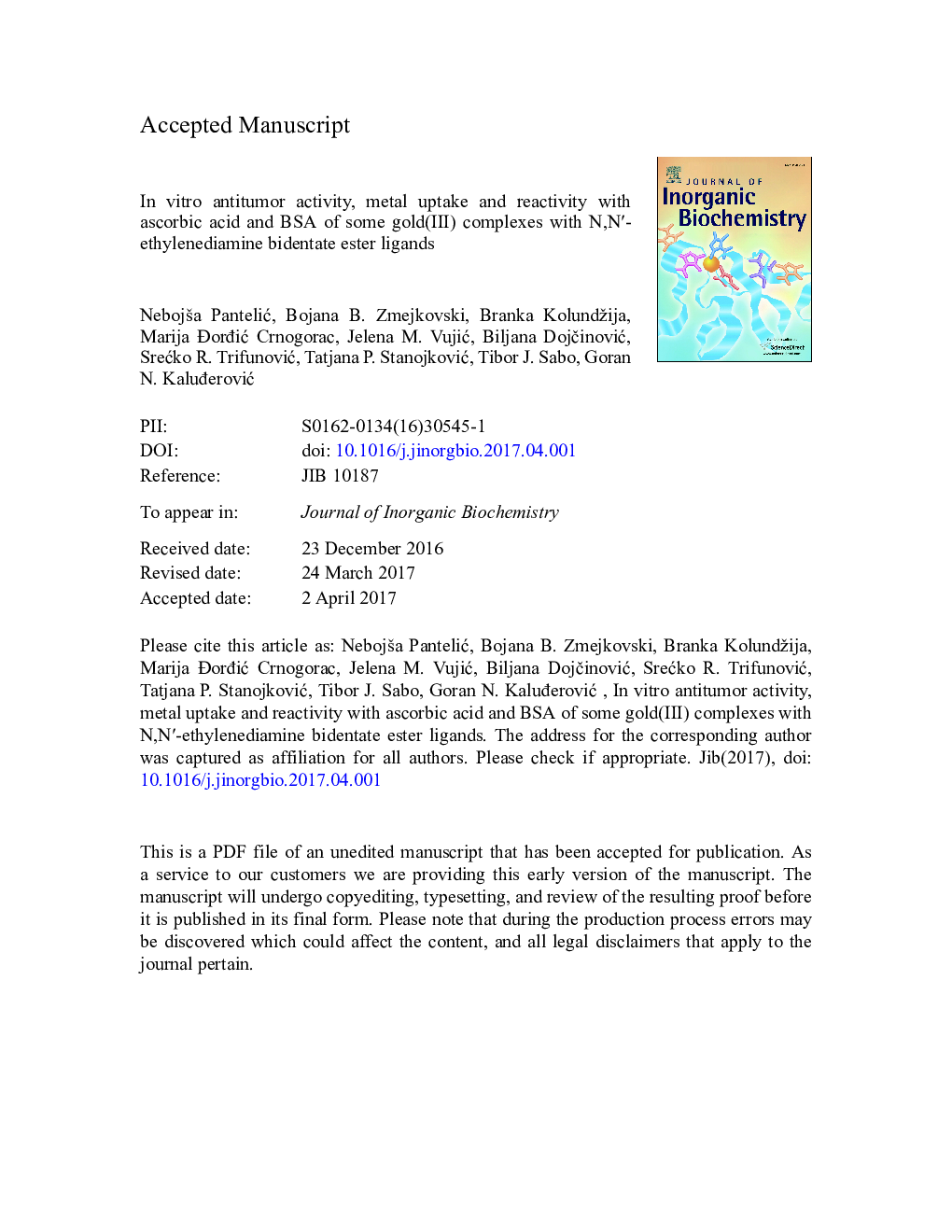 In vitro antitumor activity, metal uptake and reactivity with ascorbic acid and BSA of some gold(III) complexes with N,Nâ²-ethylenediamine bidentate ester ligands