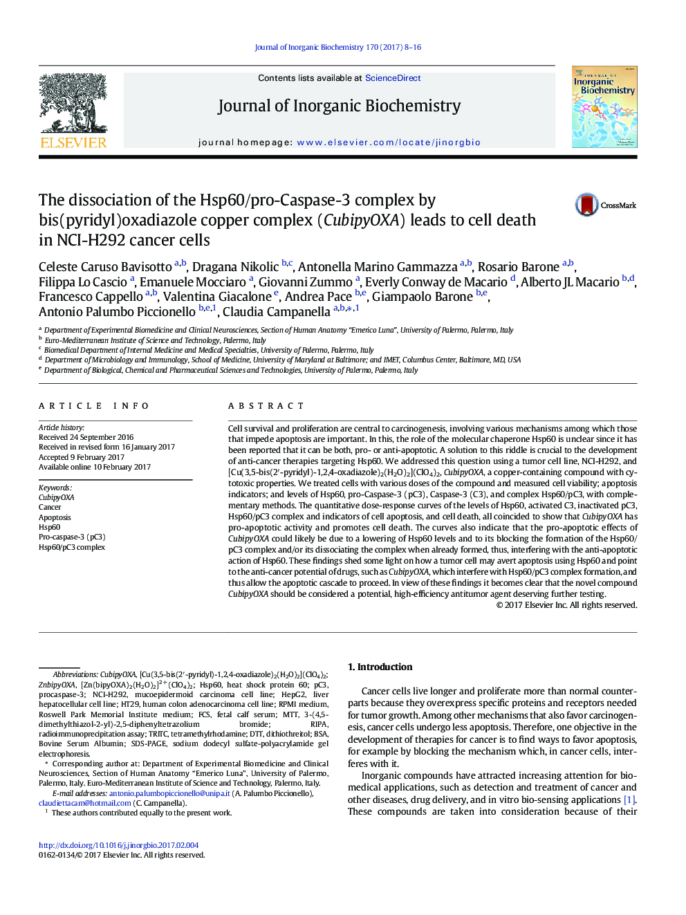 The dissociation of the Hsp60/pro-Caspase-3 complex by bis(pyridyl)oxadiazole copper complex (CubipyOXA) leads to cell death in NCI-H292 cancer cells