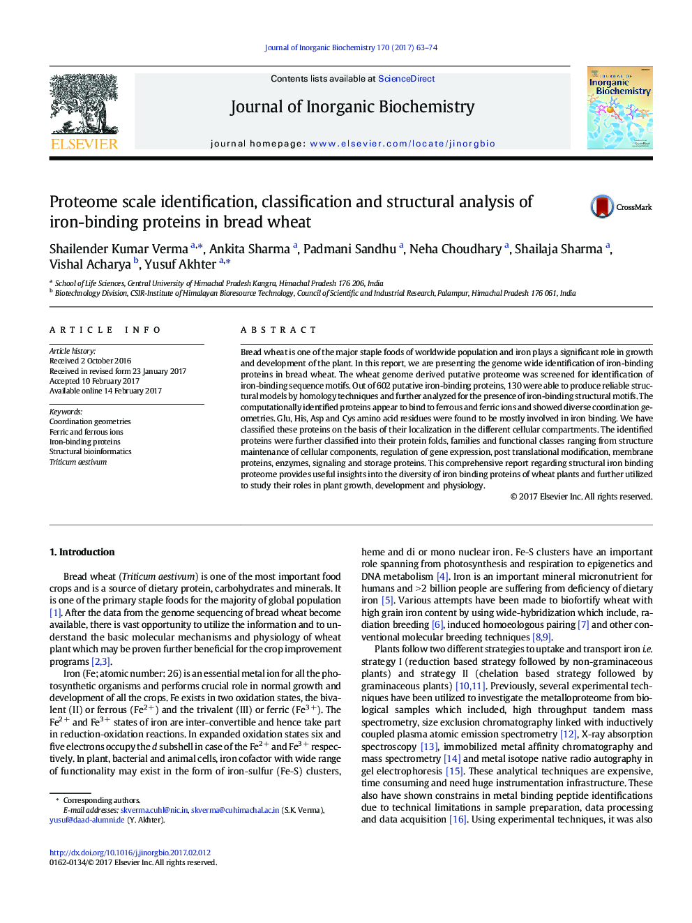 Proteome scale identification, classification and structural analysis of iron-binding proteins in bread wheat