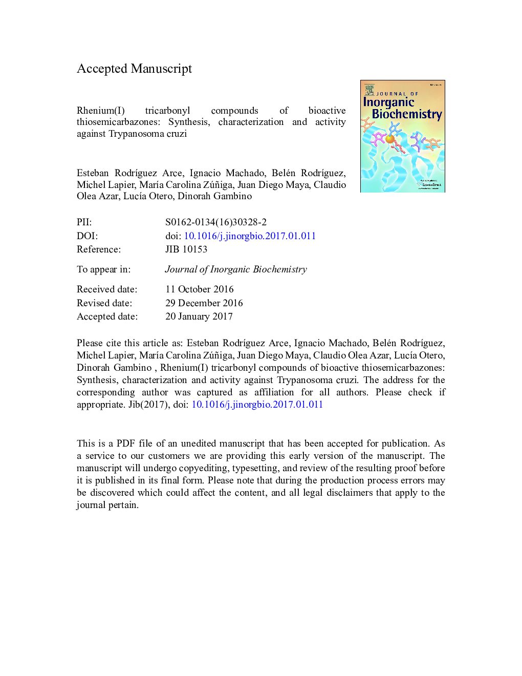 Rhenium(I) tricarbonyl compounds of bioactive thiosemicarbazones: Synthesis, characterization and activity against Trypanosoma cruzi