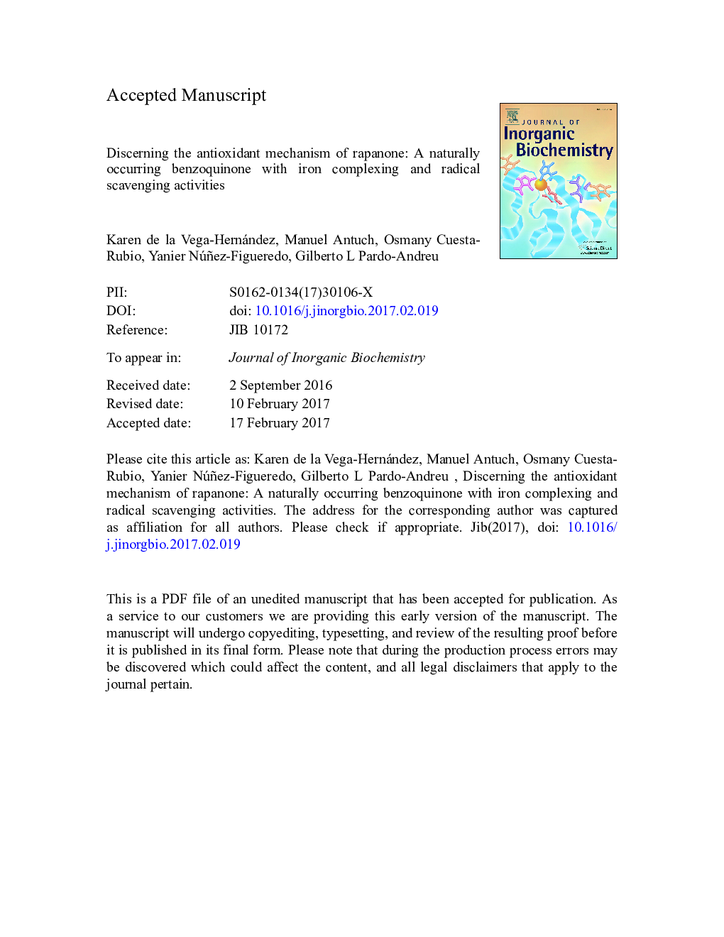 عکس صفحه اول مقاله: Discerning the antioxidant mechanism of rapanone: A naturally occurring benzoquinone with iron complexing and radical scavenging activities Discerning the antioxidant mechanism of rapanone: A naturally occurring benzoquinone with iron complexing and radical scavenging activities