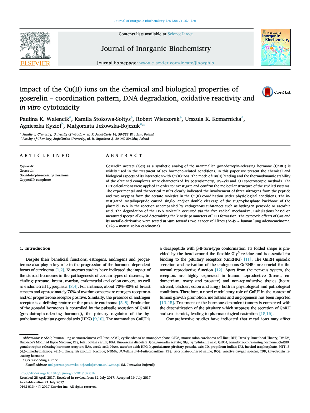 Impact of the Cu(II) ions on the chemical and biological properties of goserelin - coordination pattern, DNA degradation, oxidative reactivity and in vitro cytotoxicity