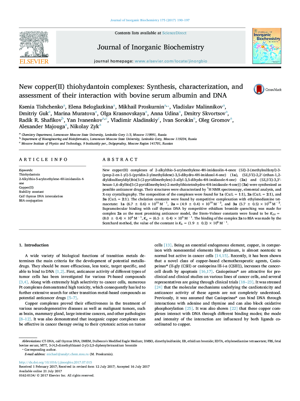 New copper(II) thiohydantoin complexes: Synthesis, characterization, and assessment of their interaction with bovine serum albumin and DNA