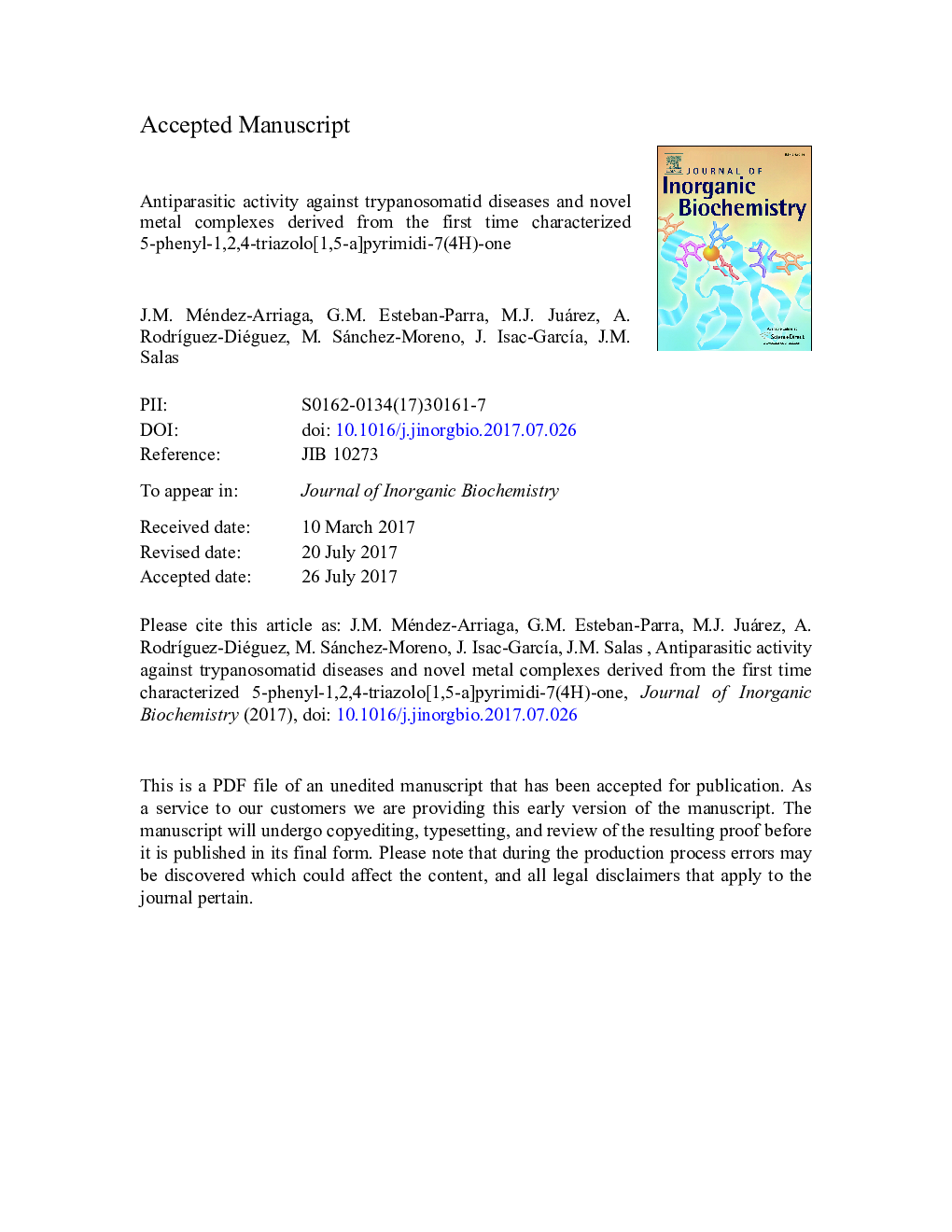 Antiparasitic activity against trypanosomatid diseases and novel metal complexes derived from the first time characterized 5-phenyl-1,2,4-triazolo[1,5-a]pyrimidi-7(4H)-one