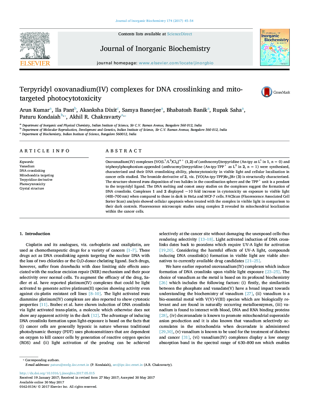 Terpyridyl oxovanadium(IV) complexes for DNA crosslinking and mito-targeted photocytotoxicity