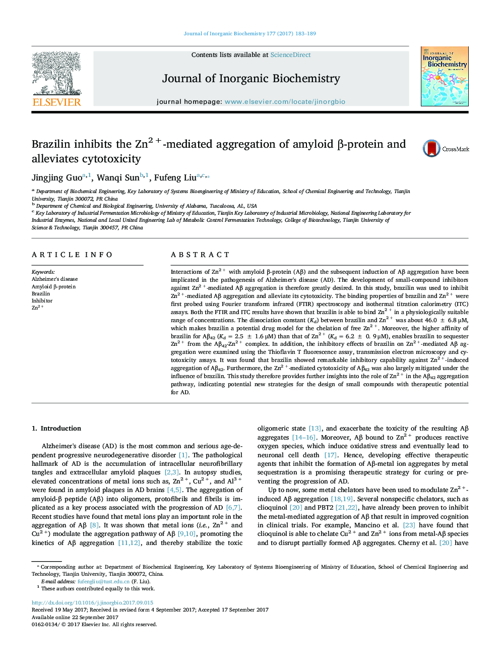 Brazilin inhibits the Zn2Â +-mediated aggregation of amyloid Î²-protein and alleviates cytotoxicity