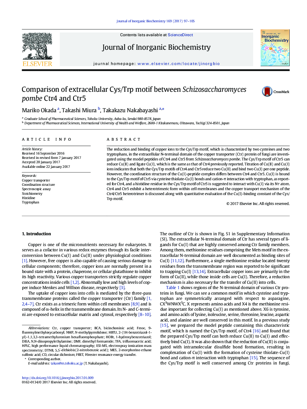 Comparison of extracellular Cys/Trp motif between Schizosaccharomyces pombe Ctr4 and Ctr5