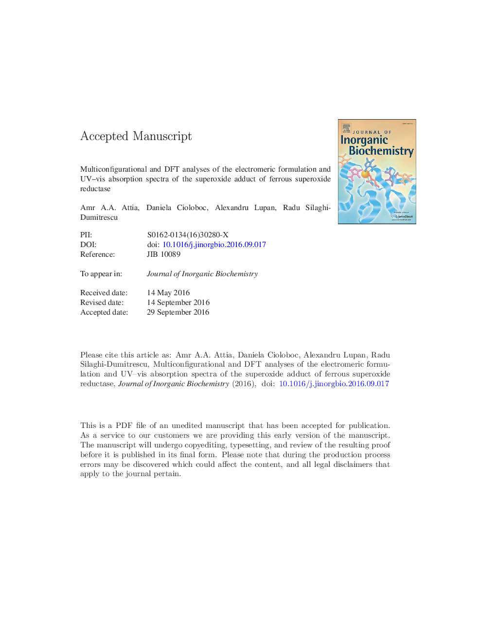 Multiconfigurational and DFT analyses of the electromeric formulation and UV-vis absorption spectra of the superoxide adduct of ferrous superoxide reductase