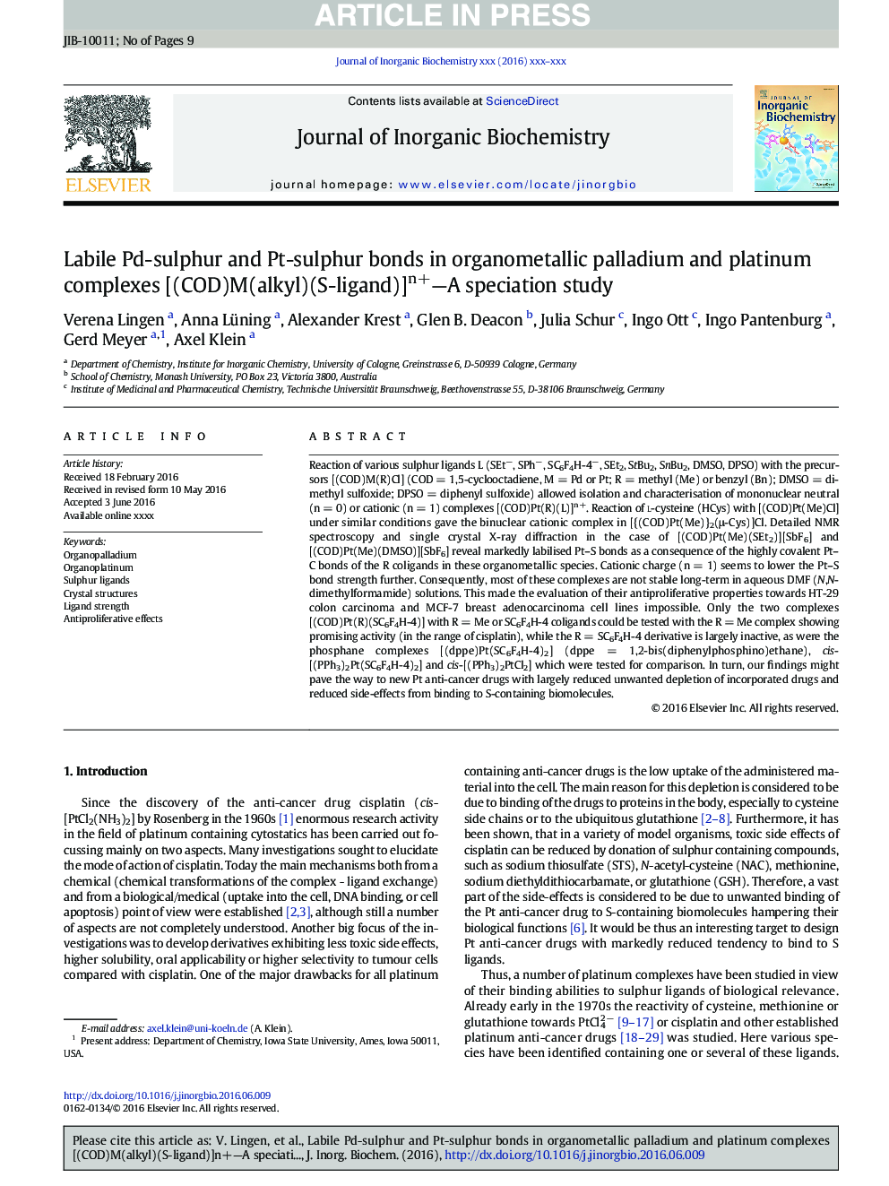 Labile Pd-sulphur and Pt-sulphur bonds in organometallic palladium and platinum complexes [(COD)M(alkyl)(S-ligand)]n+-A speciation study