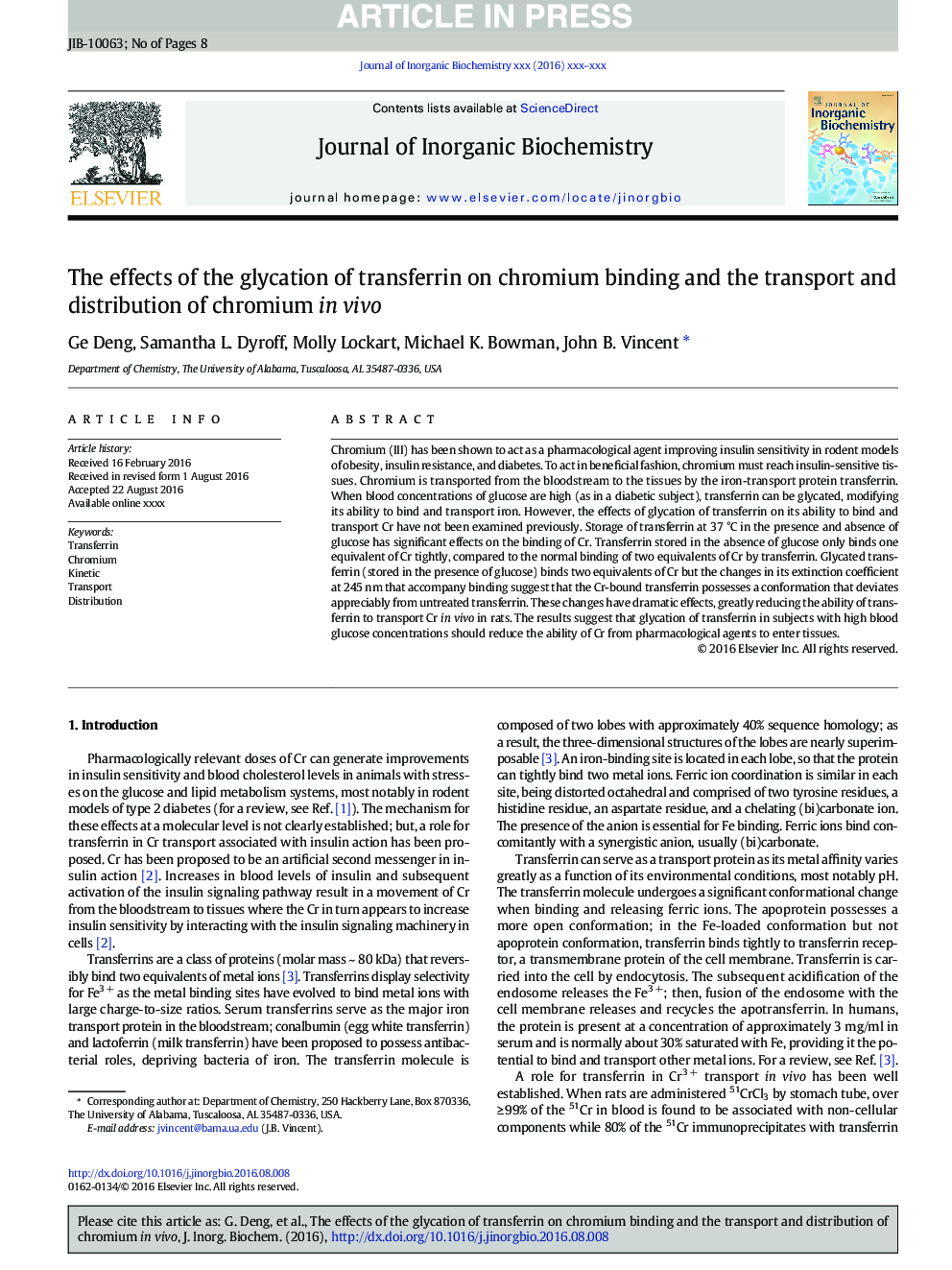 The effects of the glycation of transferrin on chromium binding and the transport and distribution of chromium in vivo