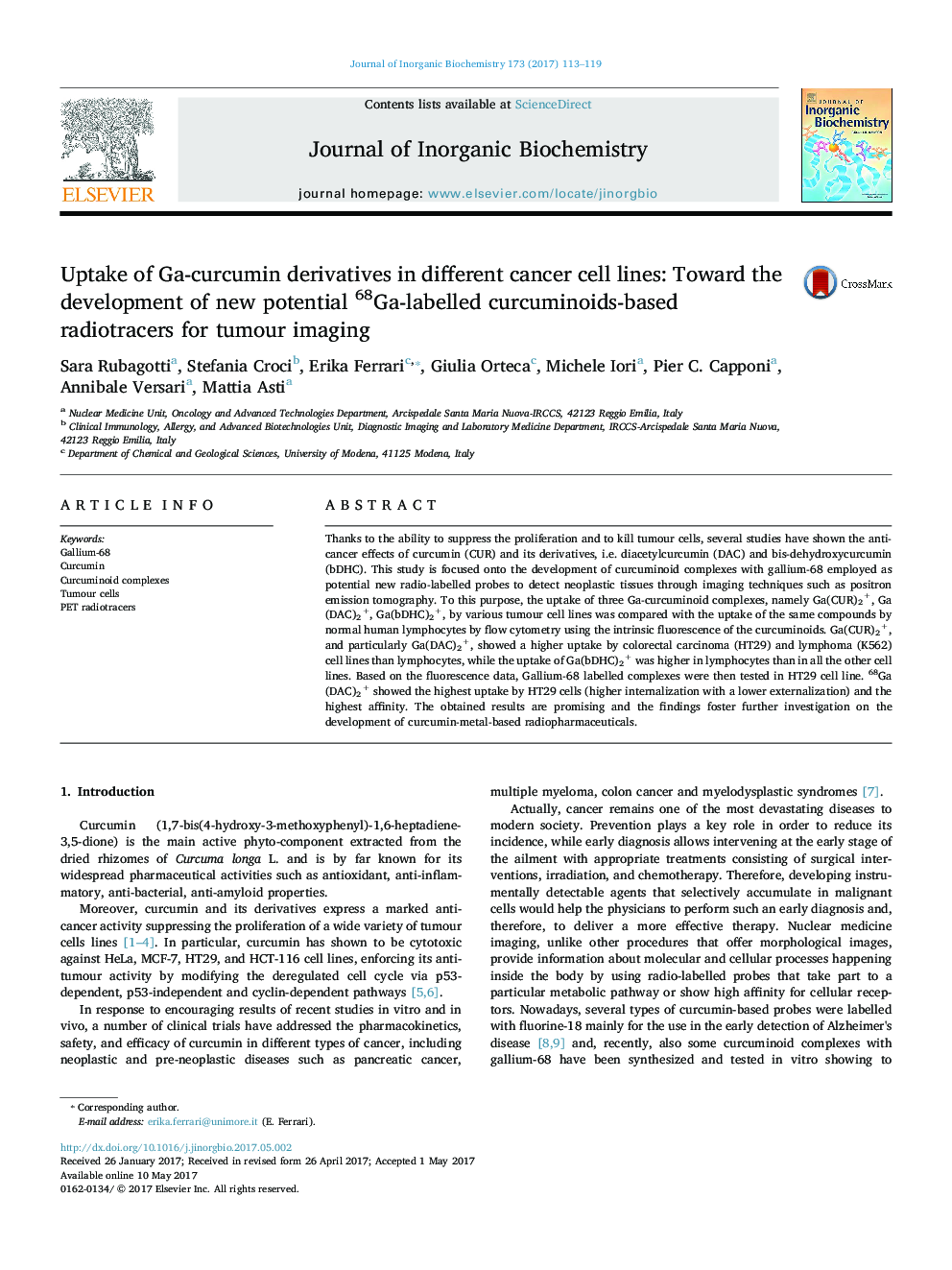 Uptake of Ga-curcumin derivatives in different cancer cell lines: Toward the development of new potential 68Ga-labelled curcuminoids-based radiotracers for tumour imaging