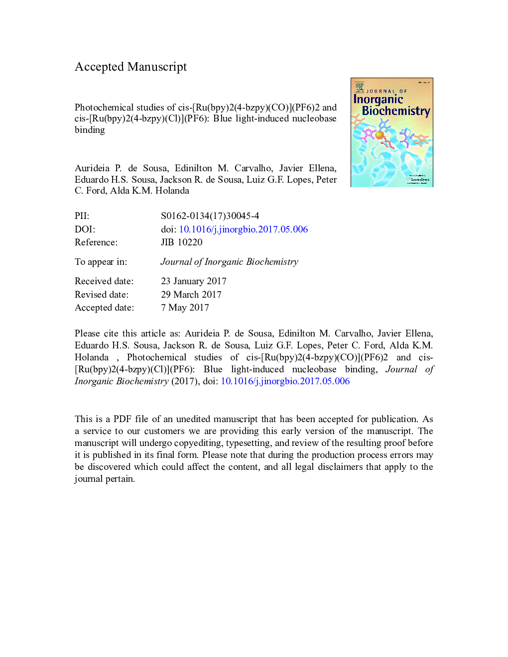 Photochemical studies of cis-[Ru(bpy)2(4-bzpy)(CO)](PF6)2 and cis-[Ru(bpy)2(4-bzpy)(Cl)](PF6): Blue light-induced nucleobase binding