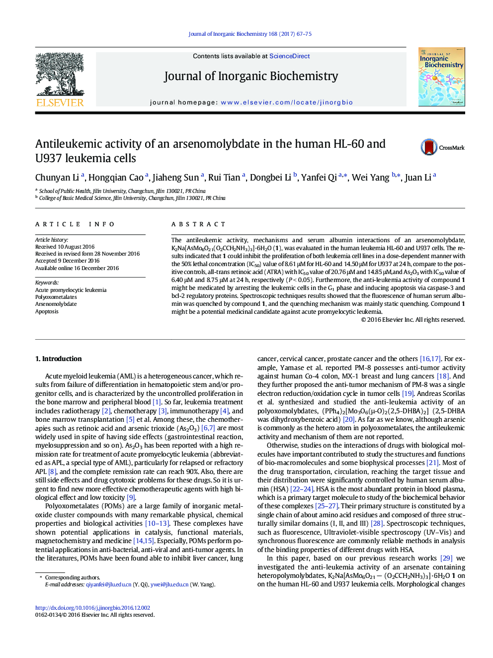 Antileukemic activity of an arsenomolybdate in the human HL-60 and U937 leukemia cells