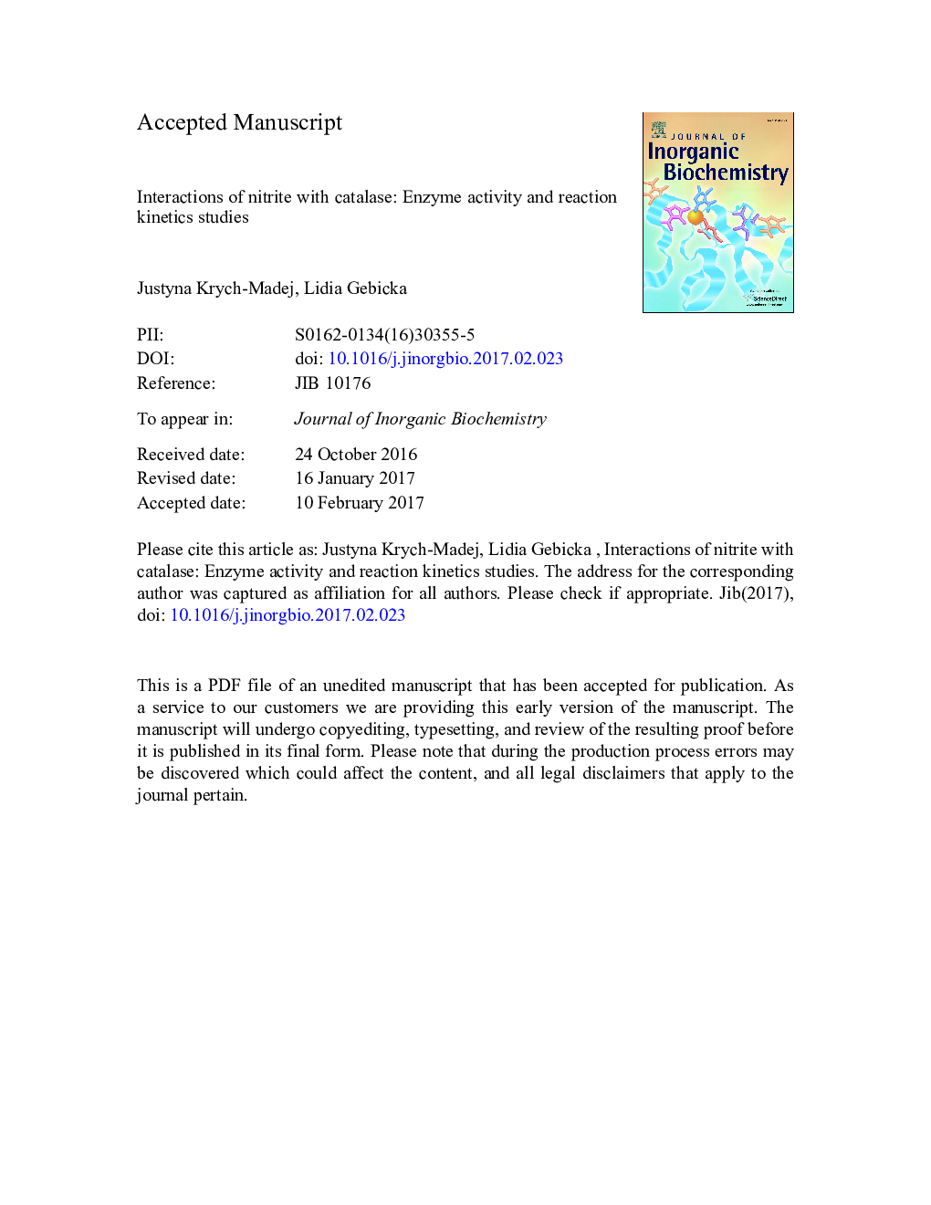 Interactions of nitrite with catalase: Enzyme activity and reaction kinetics studies