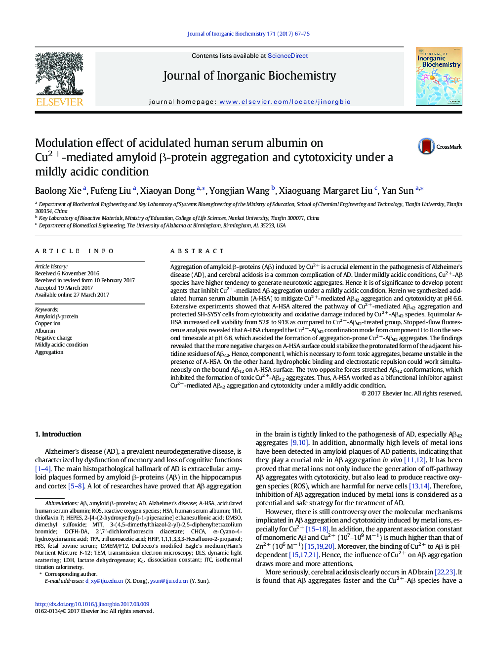 Modulation effect of acidulated human serum albumin on Cu2Â +-mediated amyloid Î²-protein aggregation and cytotoxicity under a mildly acidic condition