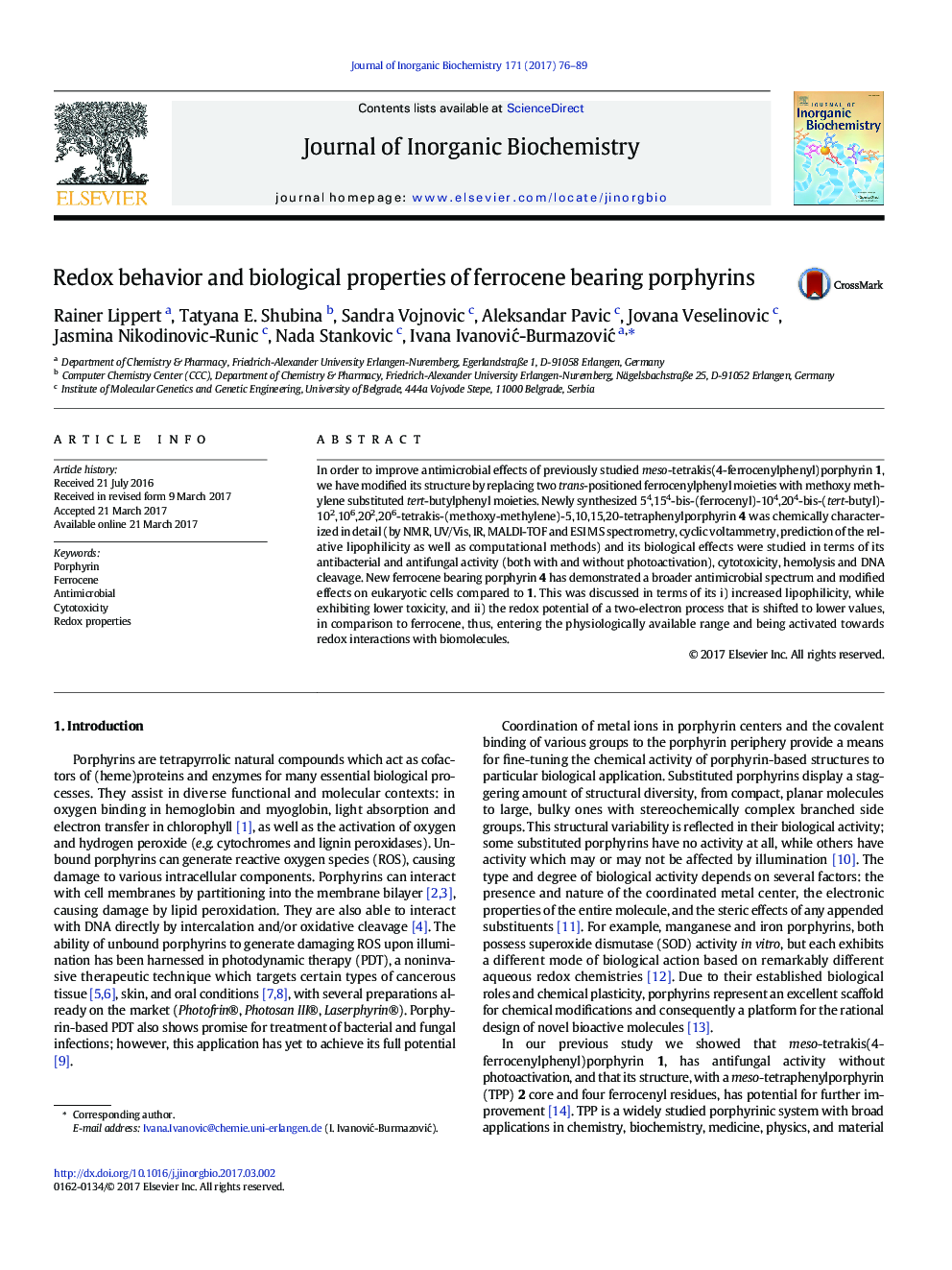 Redox behavior and biological properties of ferrocene bearing porphyrins