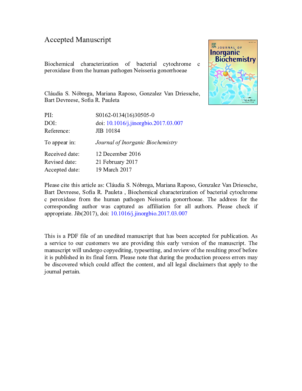 Biochemical characterization of the bacterial peroxidase from the human pathogen Neisseria gonorrhoeae