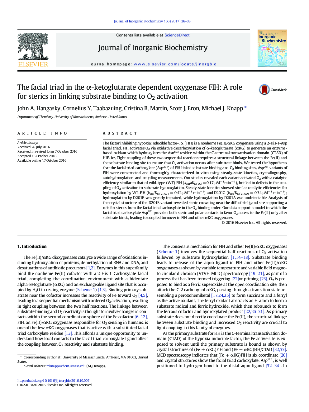 The facial triad in the Î±-ketoglutarate dependent oxygenase FIH: A role for sterics in linking substrate binding to O2 activation