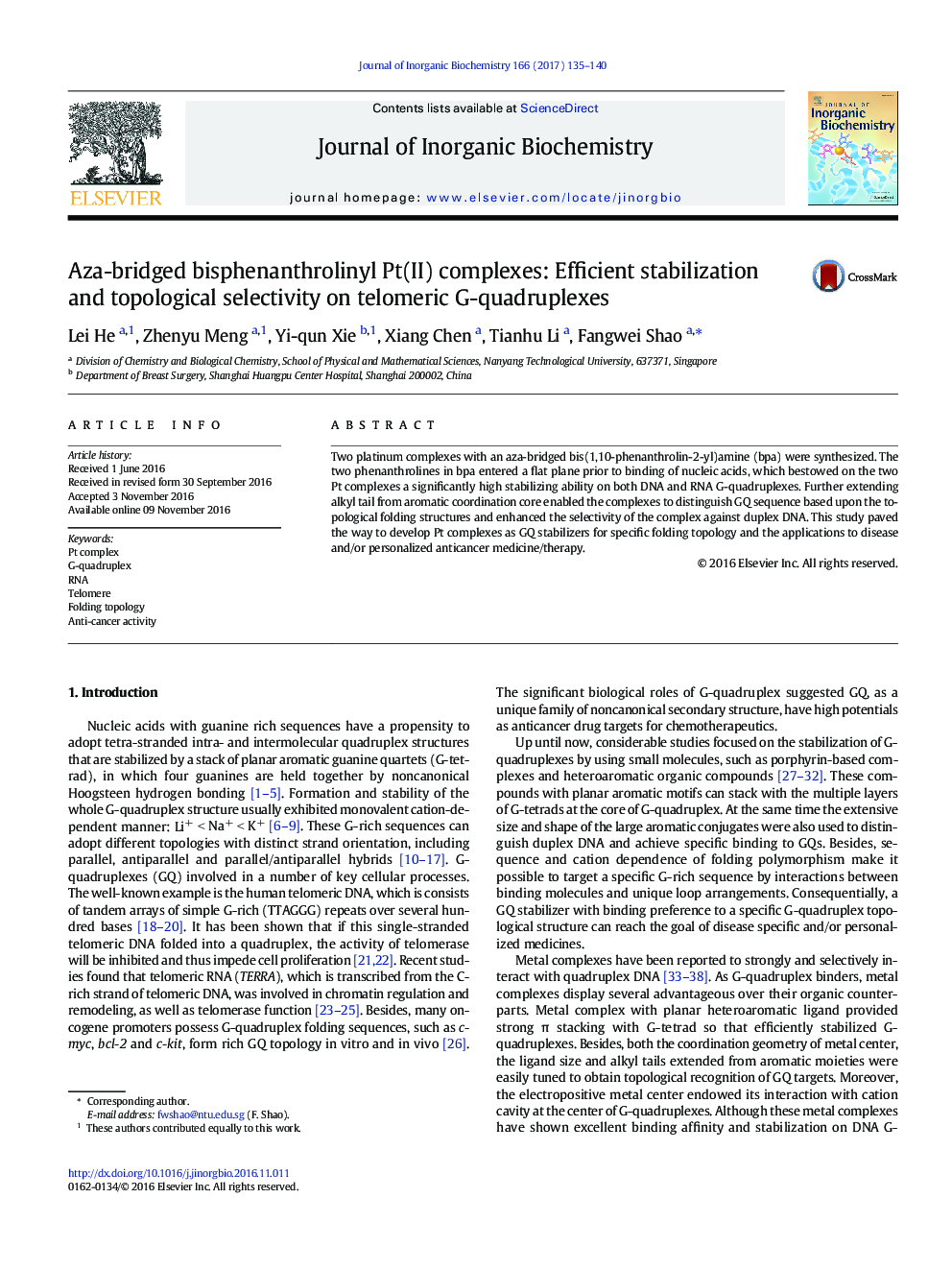 Aza-bridged bisphenanthrolinyl Pt(II) complexes: Efficient stabilization and topological selectivity on telomeric G-quadruplexes