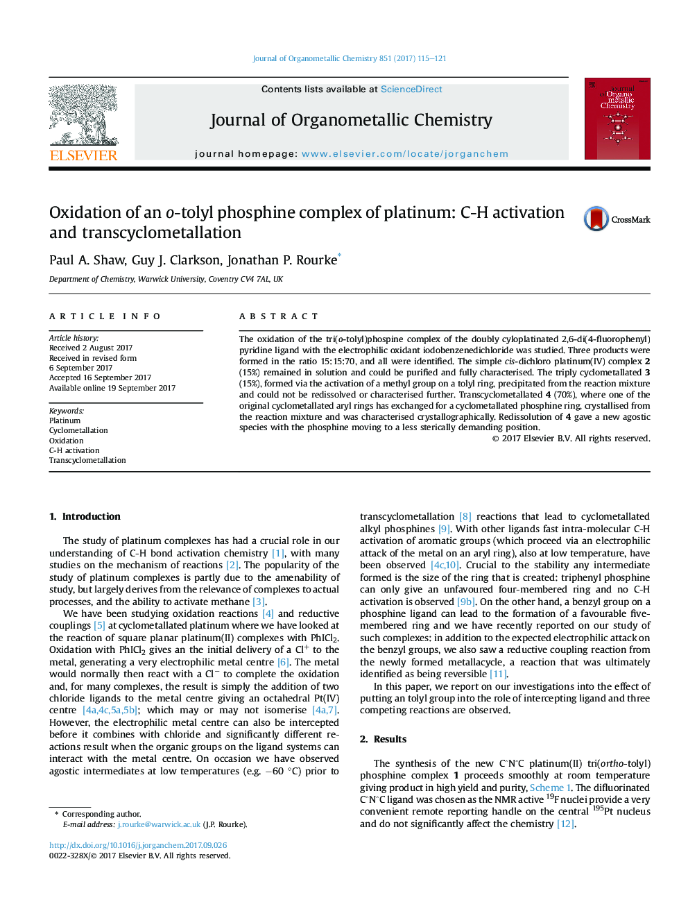 Oxidation of an o-tolyl phosphine complex of platinum: C-H activation and transcyclometallation