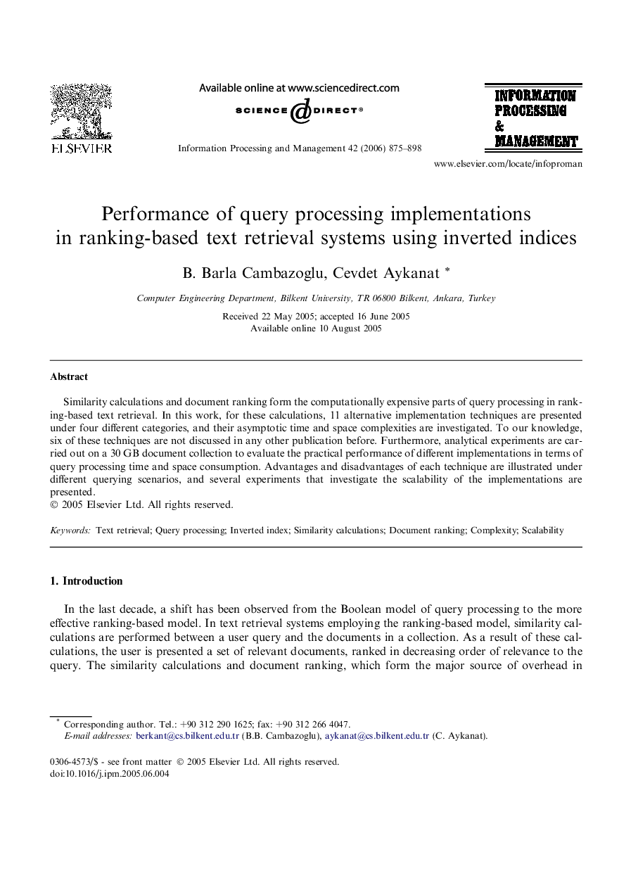 Performance of query processing implementations in ranking-based text retrieval systems using inverted indices
