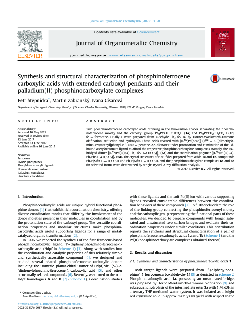 Synthesis and structural characterization of phosphinoferrocene carboxylic acids with extended carboxyl pendants and their palladium(II) phosphinocarboxylate complexes