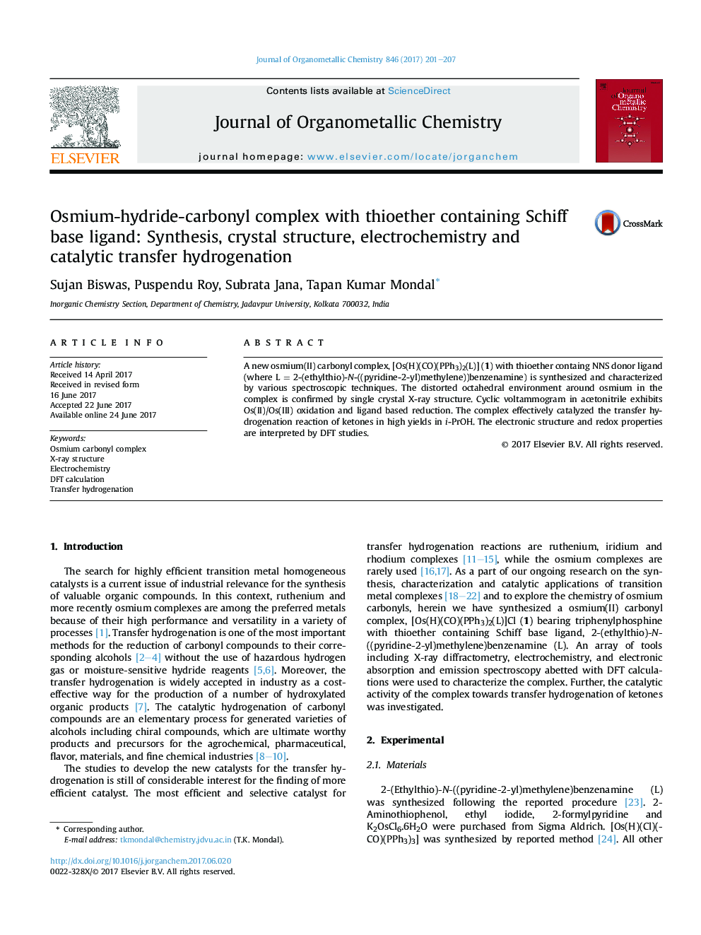 Osmium-hydride-carbonyl complex with thioether containing Schiff base ligand: Synthesis, crystal structure, electrochemistry and catalytic transfer hydrogenation