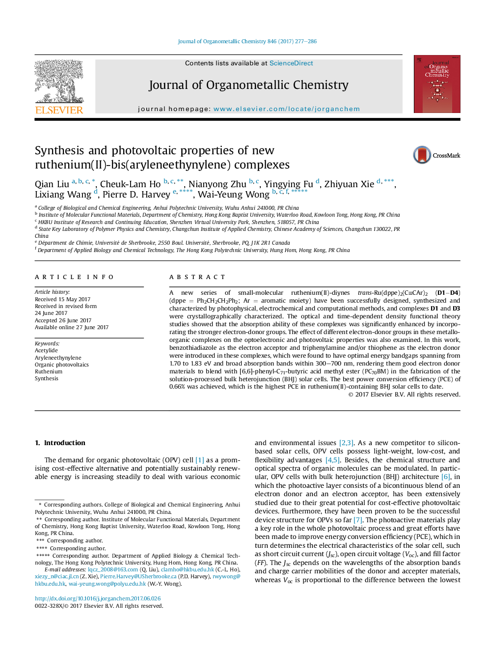 عکس صفحه اول مقاله: Synthesis and photovoltaic properties of new ruthenium(II)-bis(aryleneethynylene) complexes Synthesis and photovoltaic properties of new ruthenium(II)-bis(aryleneethynylene) complexes