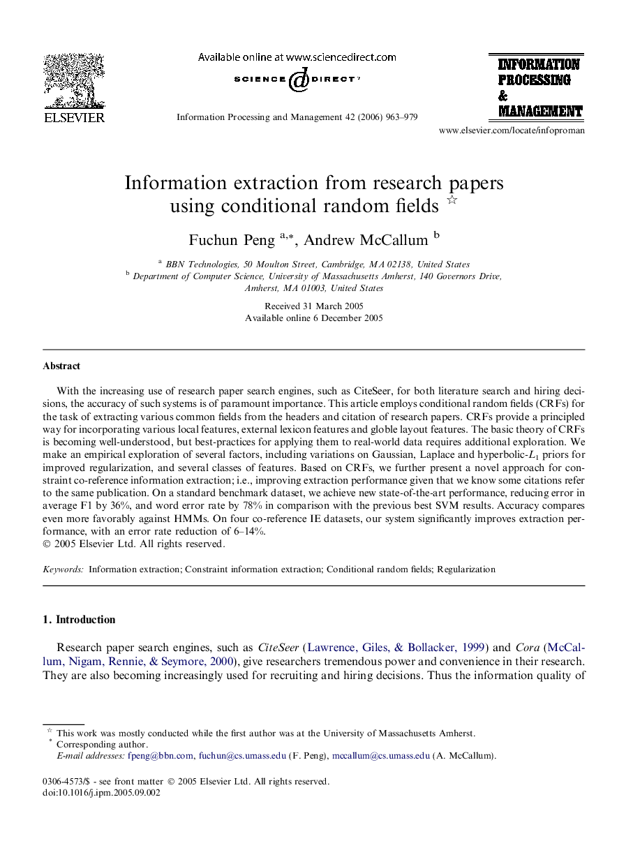 Information extraction from research papers using conditional random fields 