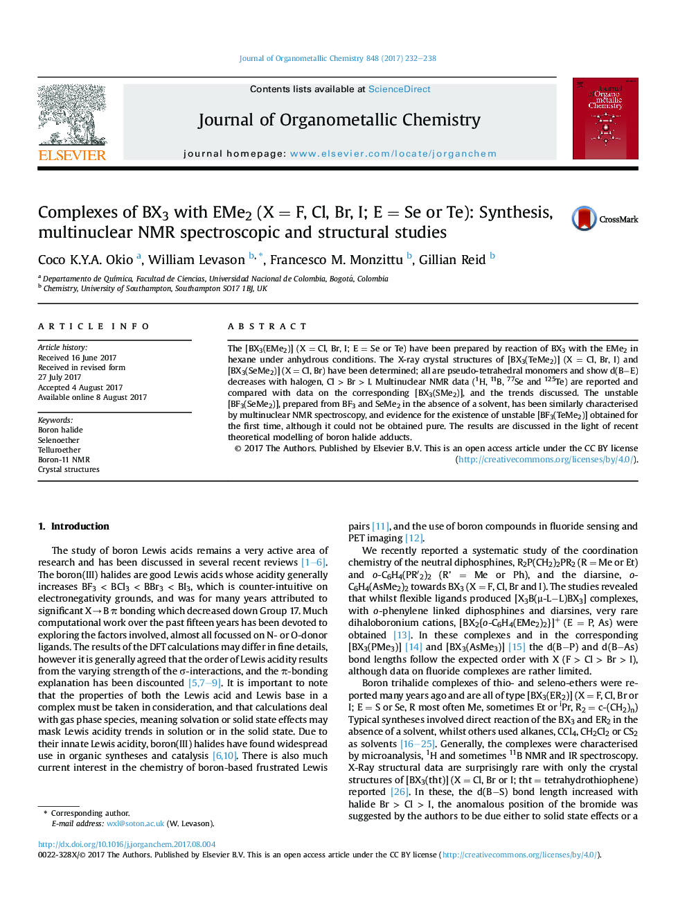 Complexes of BX3 with EMe2 (XÂ =Â F, Cl, Br, I; EÂ =Â Se or Te): Synthesis, multinuclear NMR spectroscopic and structural studies