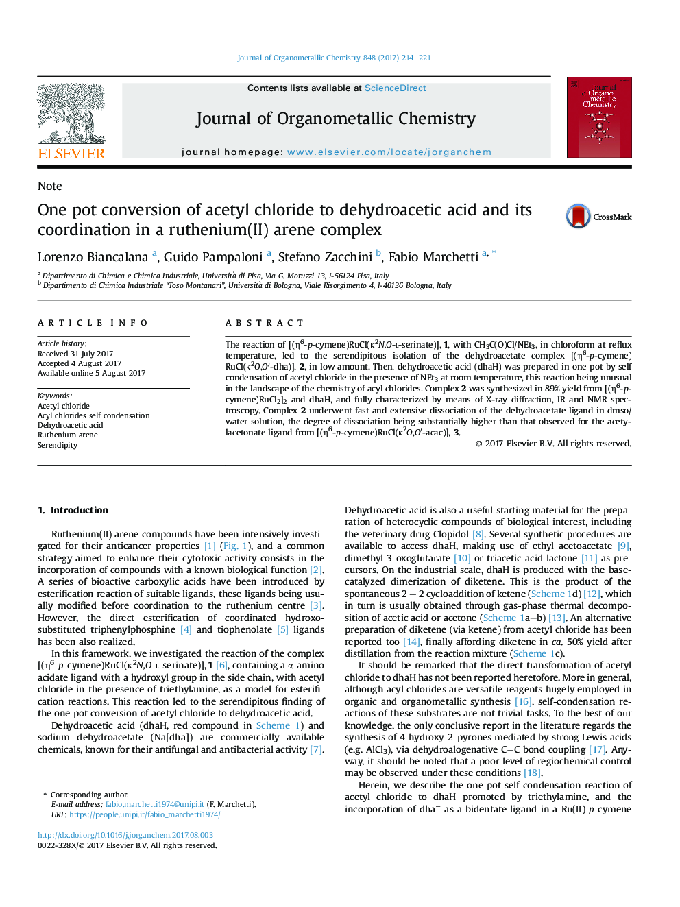 One pot conversion of acetyl chloride to dehydroacetic acid and its coordination in a ruthenium(II) arene complex