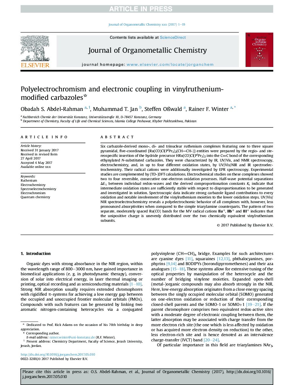 عکس صفحه اول مقاله: Polyelectrochromism and electronic coupling in vinylruthenium-modified carbazoles Polyelectrochromism and electronic coupling in vinylruthenium-modified carbazoles