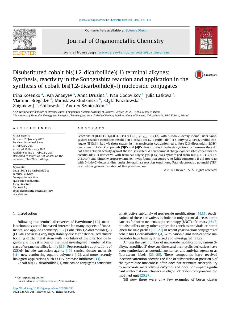 Disubstituted cobalt bis(1,2-dicarbollide)(-I) terminal alkynes: Synthesis, reactivity in the Sonogashira reaction and application in the synthesis of cobalt bis(1,2-dicarbollide)(-I) nucleoside conjugates