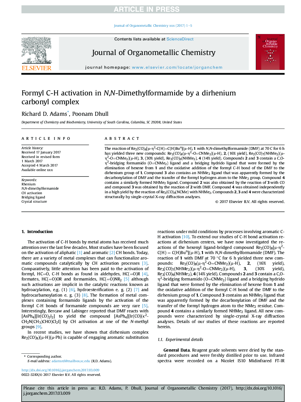 Formyl C-H activation in N,N-Dimethylformamide by a dirhenium carbonyl complex