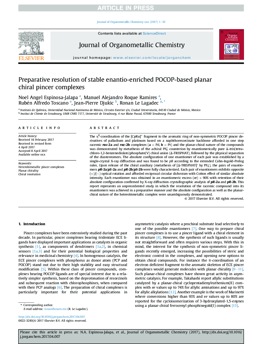 Preparative resolution of stable enantio-enriched POCOP-based planar chiral pincer complexes