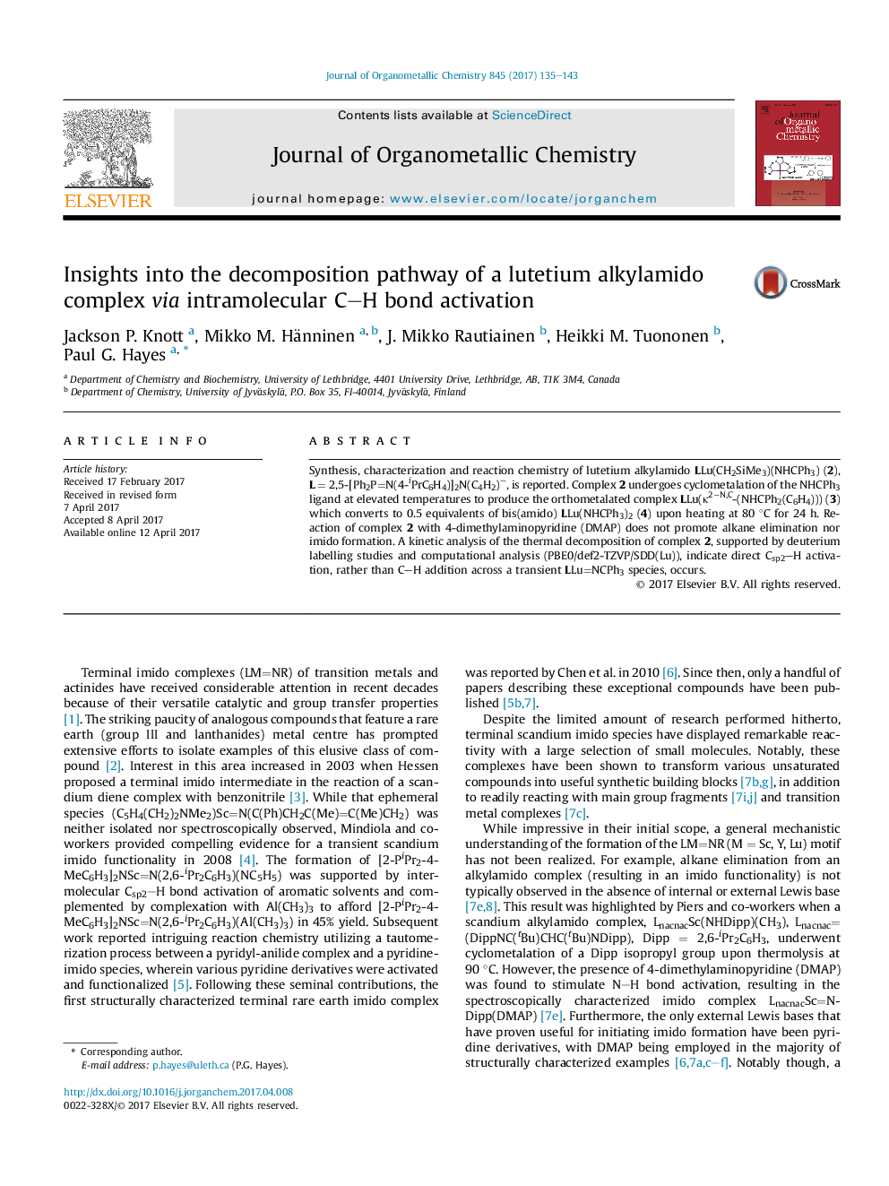 Insights into the decomposition pathway of a lutetium alkylamido complex via intramolecular C-H bond activation