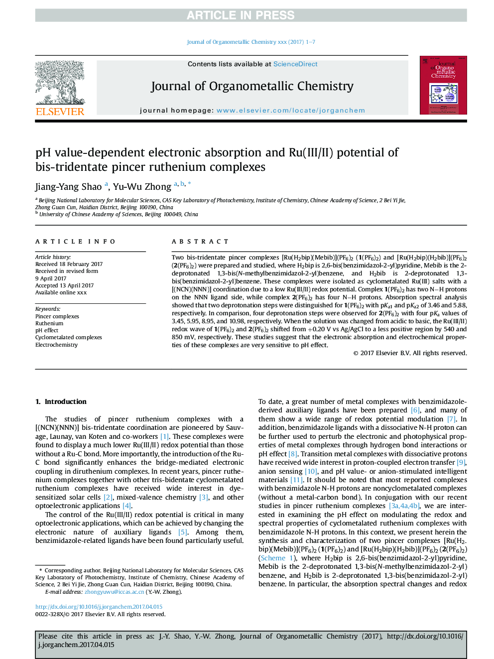 pH value-dependent electronic absorption and Ru(III/II) potential of bis-tridentate pincer ruthenium complexes