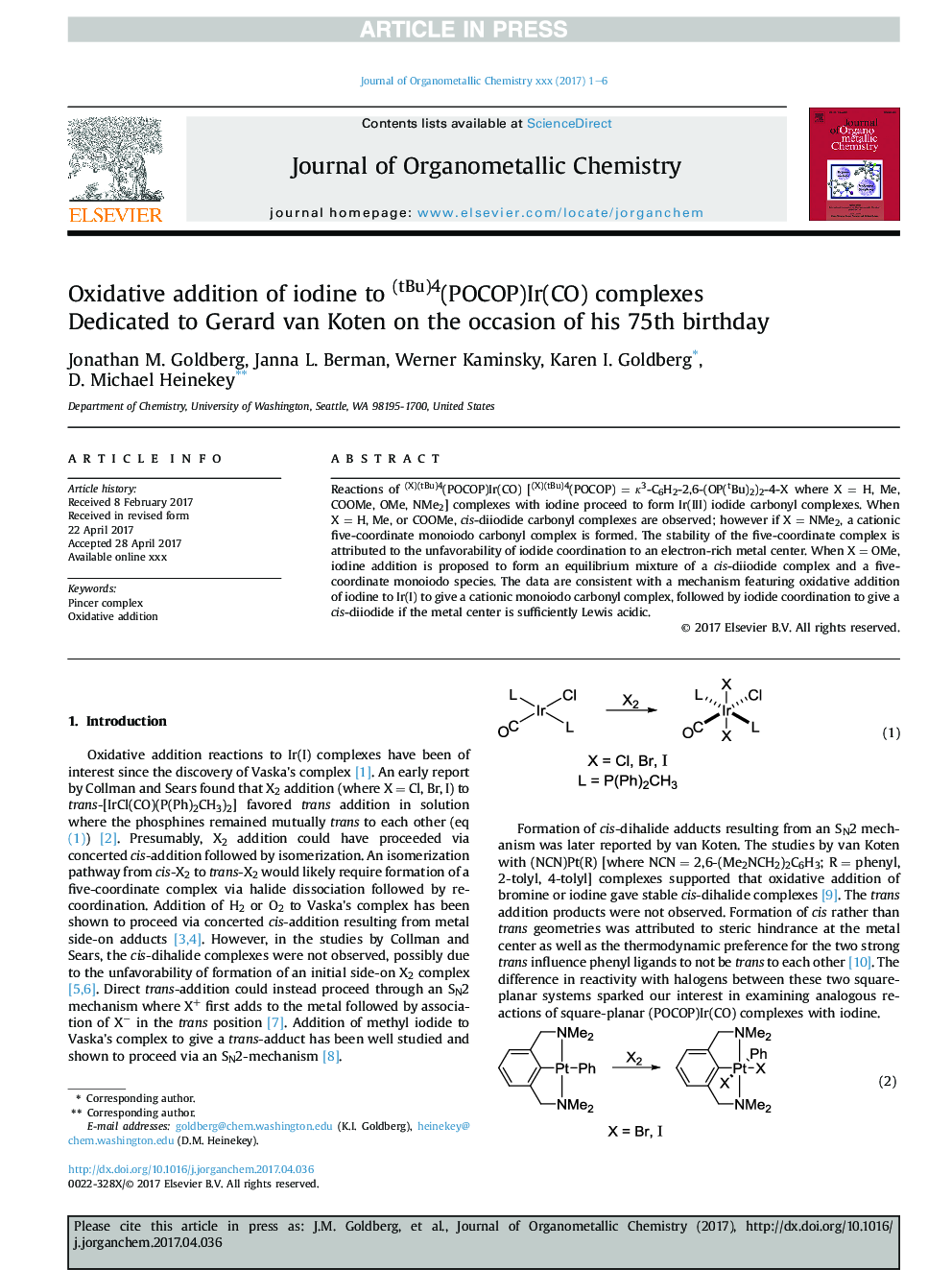 Oxidative addition of iodine to (tBu)4(POCOP)Ir(CO) complexes