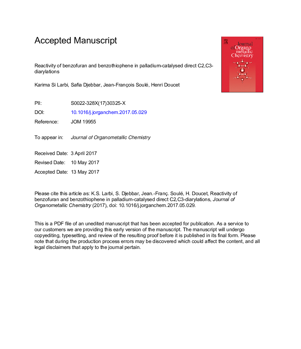 Reactivity of benzofuran and benzothiophene in palladium-catalysed direct C2,C3-diarylations